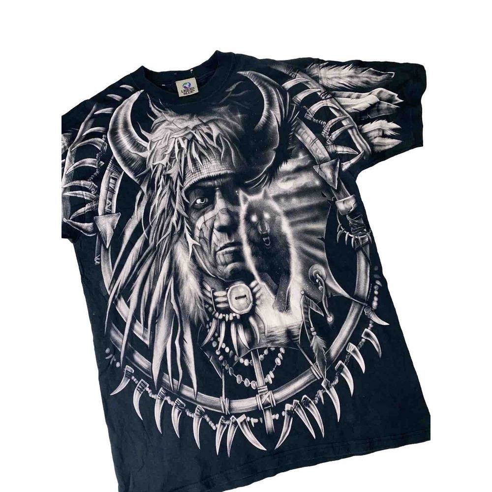 Wolf Eagle Dreamcatcher Liquid Blue VTG AOP Tee Native American Chief Biker M/L